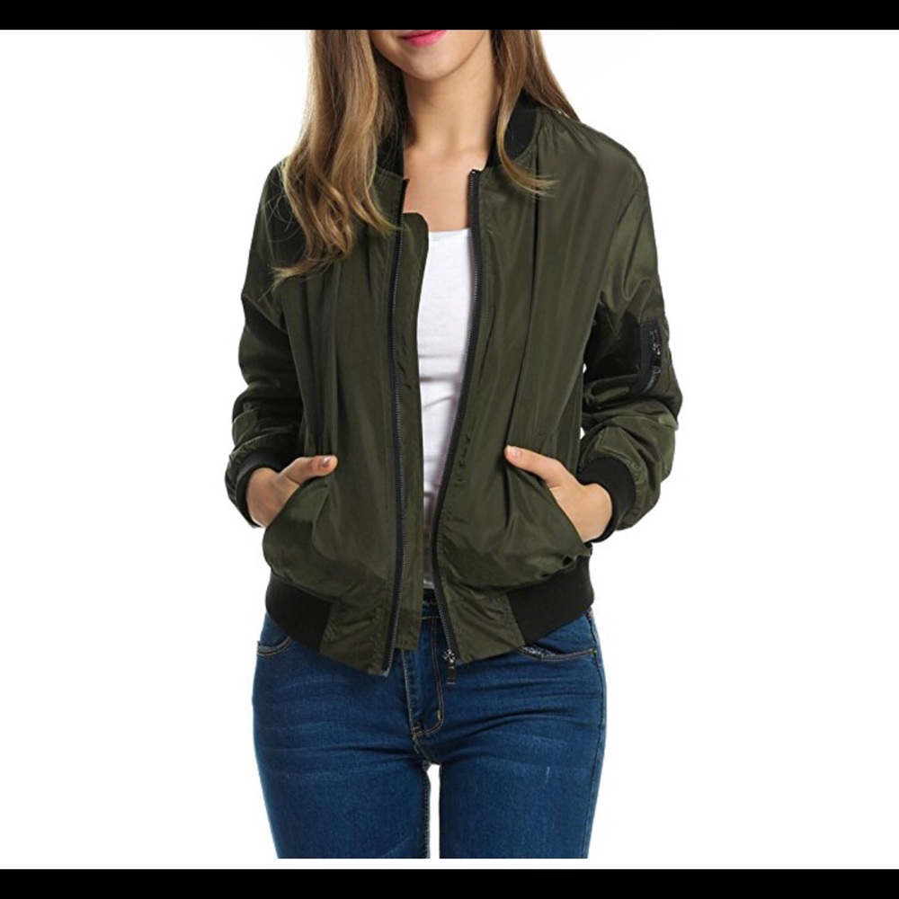 Army Green Zip Up Bomber Jacket